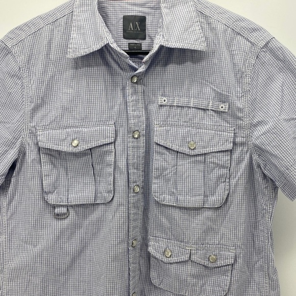 AX Armani Exchange mini plaid short sleeve snap button blue white - Picture 4 of 5